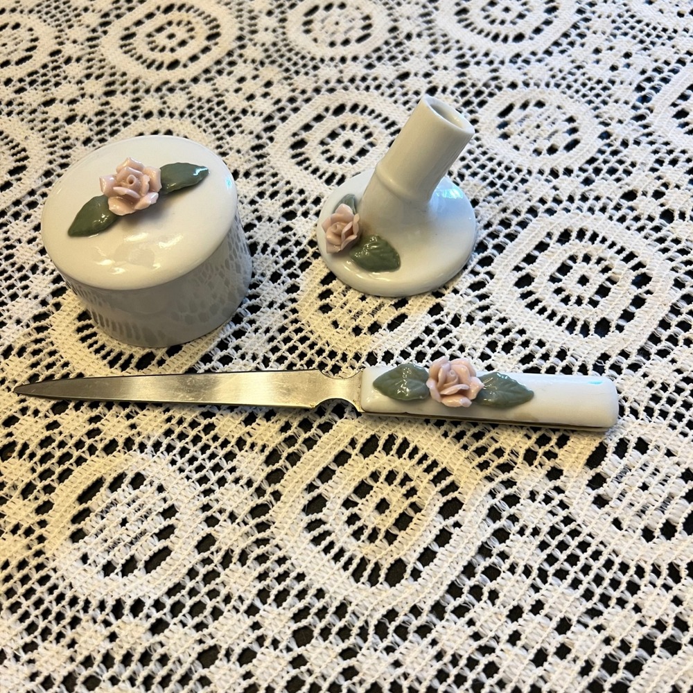 Vintage Porcelain Desk Set Pink Rose | Cottage Grandma Office